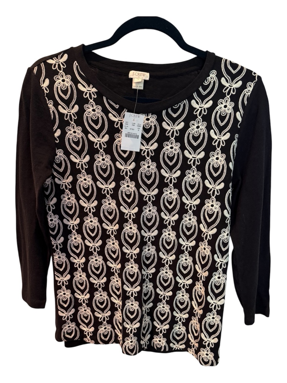 J. Crew Black Knit Top with Cream Embroidered Front